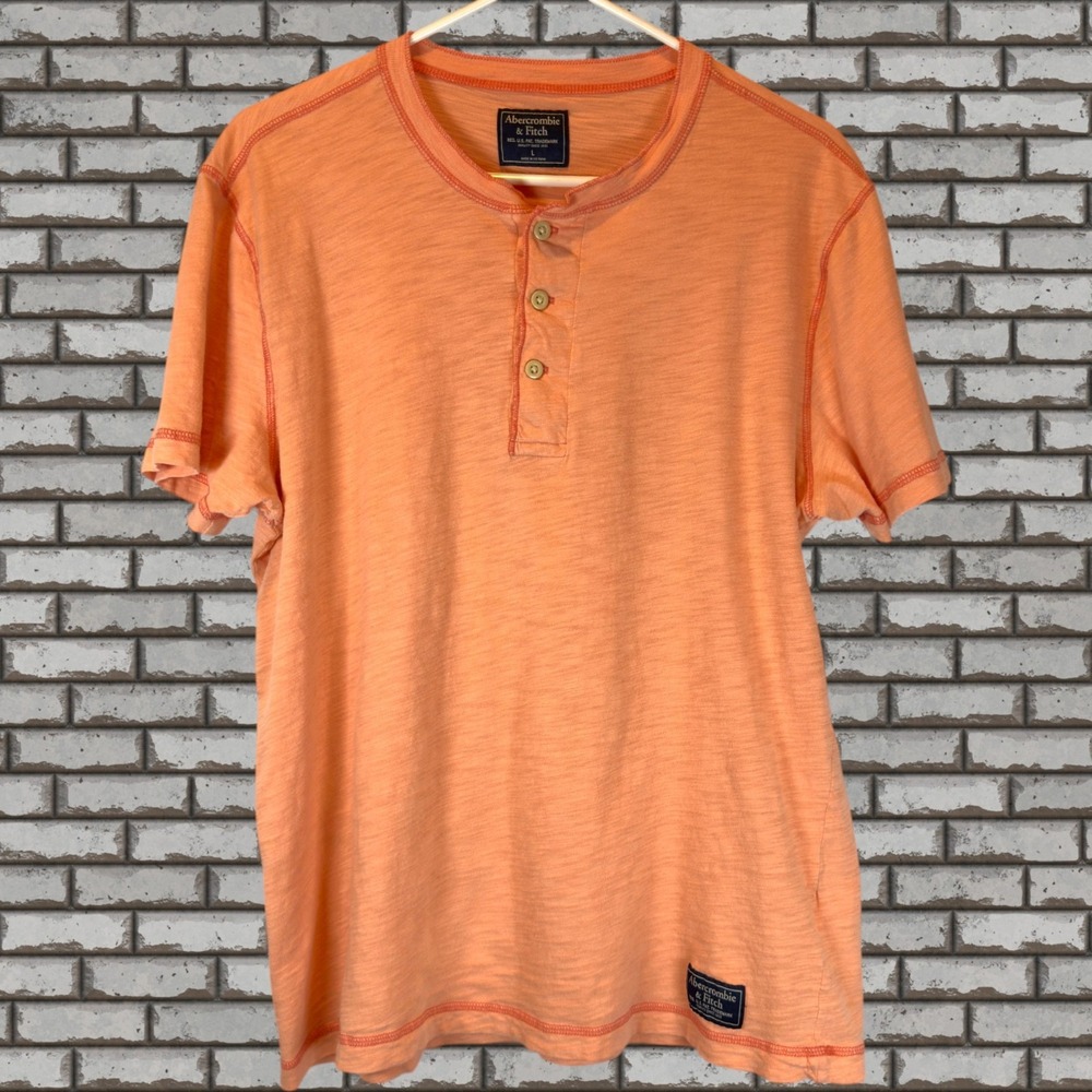 Abercrombie & Fitch Men's L Short Sleeve Henley Orange Exposed Stitching Logo